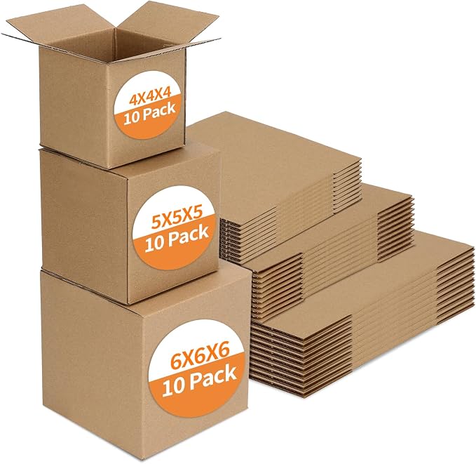 Hoikwo 30 Packs Shipping Boxes Mixed Sizes | 10 PCS Each of 4x4x4, 5x5x5, 6x6x6 Brown Cardboard Box for Small Business Packaging and Mailing