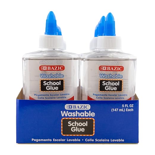 BAZIC Products Washable Clear School Glue, 5 Fl Oz, 48-Case | 5 fl oz (147 mL) bottle of washable clear school glue, Bonds strong, Acid-free, No-run, Non-toxic, Bulk pack