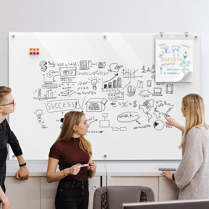 MaxGear 72" x 48" Glass Whiteboard Wall Mounted for Office Home Classroom | Magnetic Glass Dry Erase Board, Tempered Glass, Steel Backed, Non-Porous Surface, Frameless Design, Hardware Included