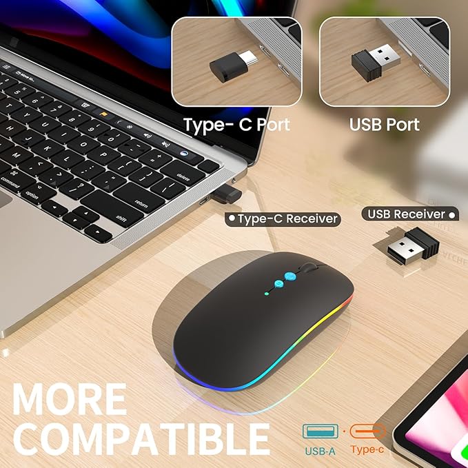 LED Wireless Mouse A100S Rechargeable Portable Silent Mouse with Optional USB and Type-C Receiver 3-Speed Adjustable DPI for PC/Mac/Laptop (Frosted Black)