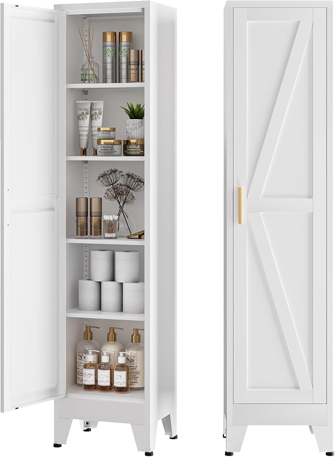 COFaR Tall Bathroom Storage Cabinet, Metal Farmhouse Narrow Slim Cabinet with Adjustable Shelves Barn Door for Bathrooms, Kitchens, Entrances Living Room (White)