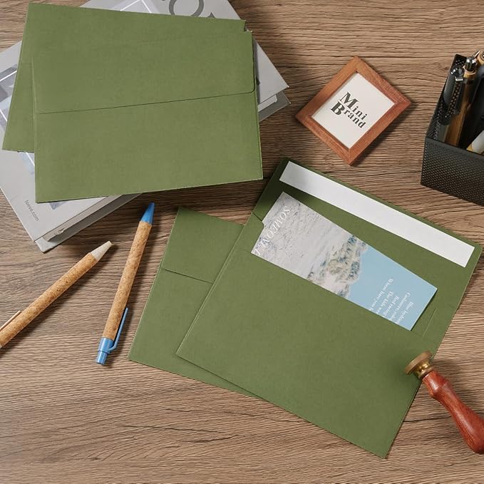 50 Pack 5 x 7 Envelopes Colored Self Seal for Wedding, Party Invitations, Greeting Cards, Announcements, Photos, 5.24 x 7.21 Inches (Olive Green)