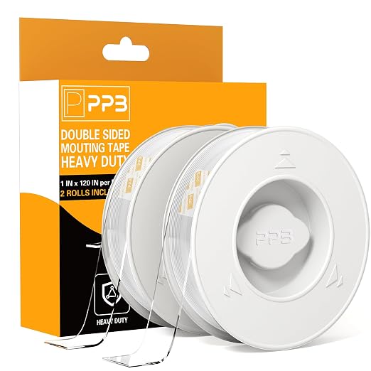 PPB 2 Rolls Double Sided Tape Heavy Duty - Removable Mounting Tape for Poster Carpet Picture Hanging Strip Rug Wall Outdoor - Clear & Strong Nano Tape Adhesive Multipurpose