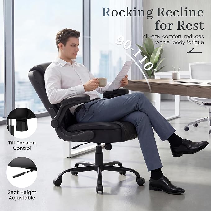 GTPOFFICE Executive Office Chair with Comfortable Lumbar Support, Ergonomic Gaming Chair with Flip-up Armrests & Zoned Pressure-Relief Cushion, Comfy PU Leather Desk Chair, Black