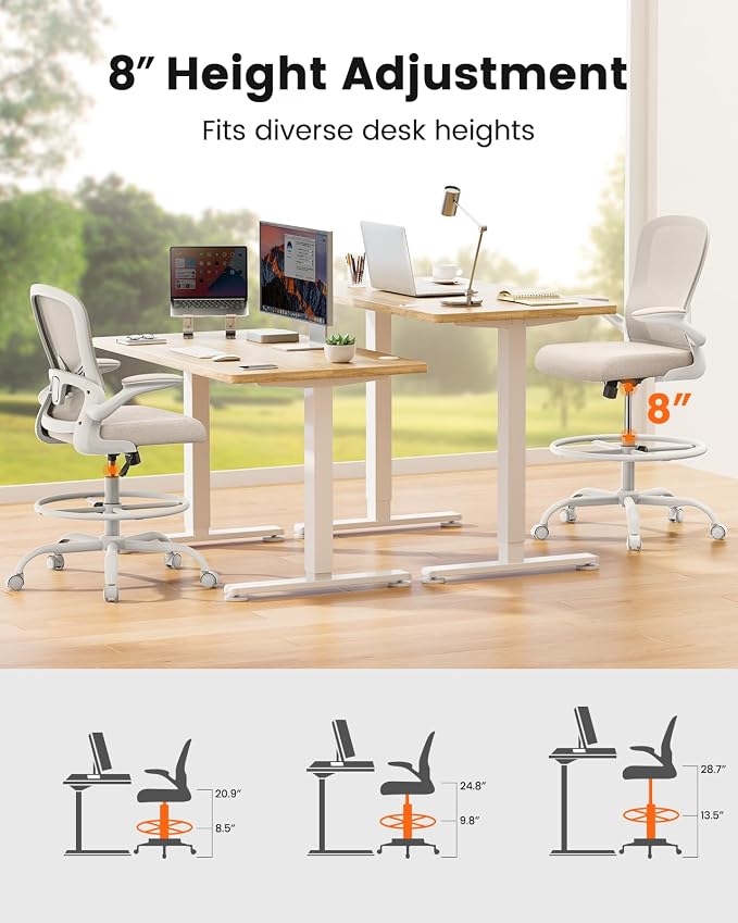 ErGear Drafting Chair,Tall Office Chair with Flip-Up Armrests, High Desk Chair Adjustable Height and Adjustable Footrest Ring, Ergonomic Standing Desk Chair with Lumbar Support, Khaki,2 Pack