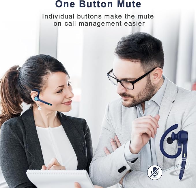 HEIBAS Bluetooth Headset, Wireless Earpiece with Mic for Work | 72H Playtime, 500mAh Charging Case, Hands-Free Calling with Mute Button for Work, Trucker, Office, Driving, iPhone, Blue
