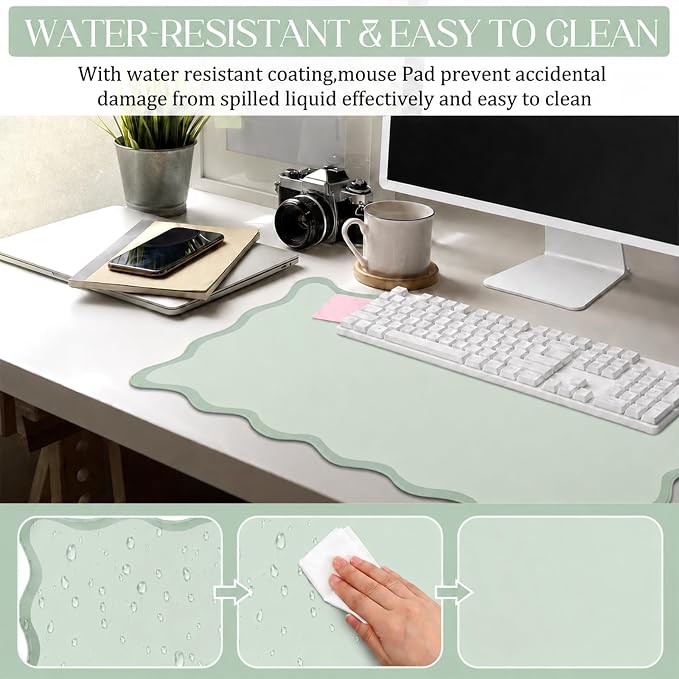 Hahafelt Scalloped Desk Mat Waterproof,Mint Green,31.5 X 15.8 Inches | Coquette Preppy Style for School Office Makeup Vanity, Nonslip Gaming Desktop Protector with Scalloped Stitched Edge Mat