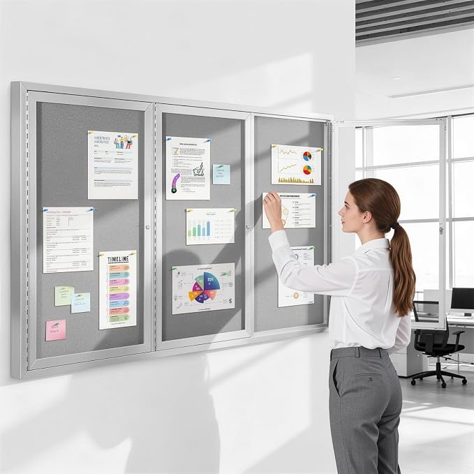 SWANCROWN 70x43 in Outdoor Bulletin Board Wall Display Board, Grey Felt | Enclosed, Weatherproof, Shatter Resistant, Silver Aluminum Frame, Notice Board for Office School Business Community