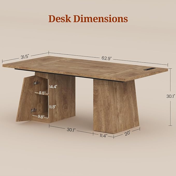63 in Executive Desk with Power Outlets, Modern Home Office Desk with Storage Cabinet, Wood Computer Desk Business Workstation Desk Conference Table (Oak)