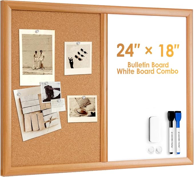 Cork Board White Board Combo with MDF Wood Frame | 24 x 18 Inch Bulletin Board, Magnetic Dry Erase Board & Corkboard for Wall, Vision Board for Home, Office, School