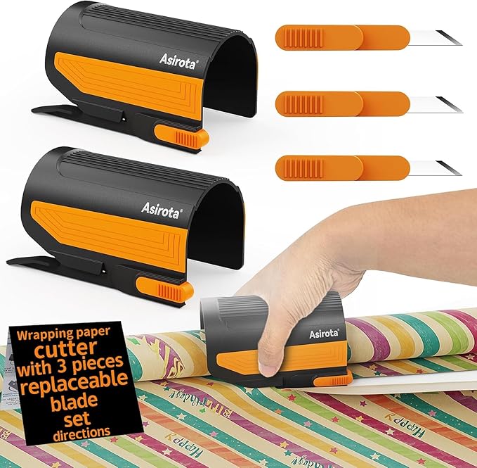 2 PC Wrapping Paper Cutter with 3 Replaced Blade, Adapt for Any Diameter Wrapping Paper Roll, Antislip Silicone Hold Touch Surface, Cut Efficient Straight Easily & Safely on Christmas