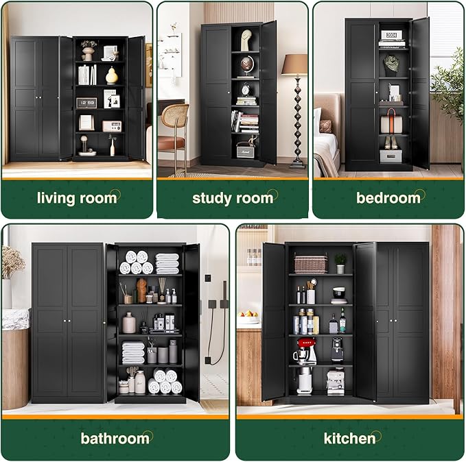 Letaya Black Storage Cabinet with Adjustable Shelves-Metal Home Kitchen Pantry Cabinets with Doors,Organization Locker for Cupboard/Bedroom/Dining/Living/Bathroom/Office/Garage Room