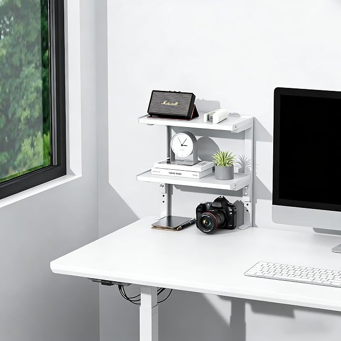 Spacrea Clamp on Desk Shelf, 2 Tier Office Desk Shelves Organizer, Wood Desktop Supplies Storage Rack, Desk Organizers and Accessories (White)