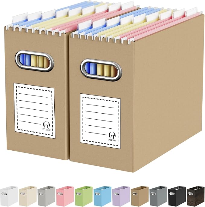 Portable Collapsible Cardboard File Box with Handle for Letter-Size | 2-Pack. Stainless Steel Handle. Label Stickers Included. Fits Letter Folders (Not Included). Home, Office, School, Dorm, Tax.