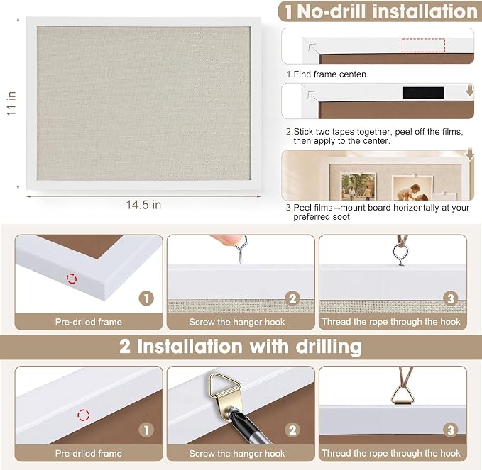 Linen Bulletin Board 14.5"x11", White Wood Frame, Nail-Free Wall Mount, Vision Board, Memo Board for Home Kitchen Office School, Room Decor, Wall Decor, 10 Pushpins
