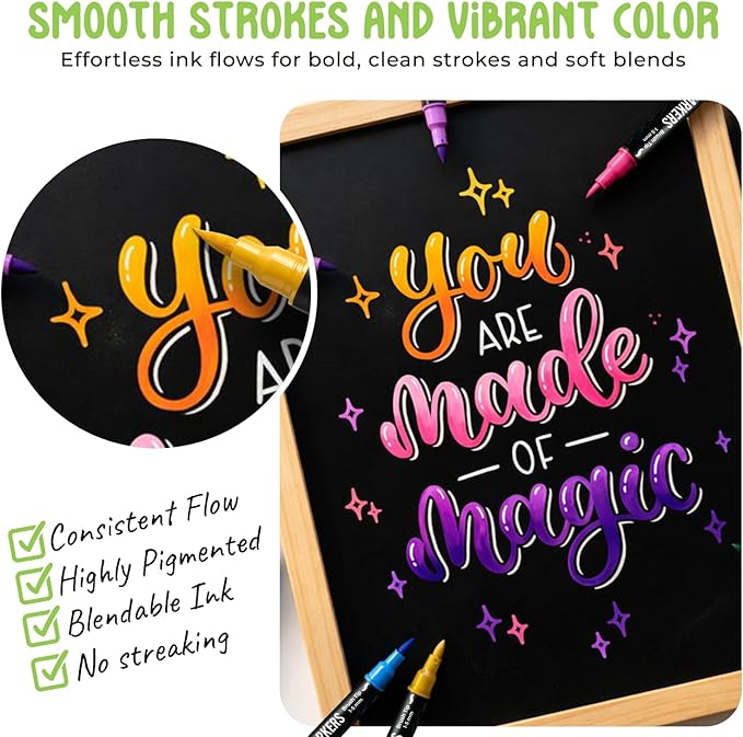 Chalkola Dual Tip Chalk Markers for Blackboard - (24 Colors, Dot + Brush Tip, No Pumping) | Erasable Liquid Chalk Markers for Chalkboard, Glass, Car Window, Mirror - Washable Water Based Ink Pen