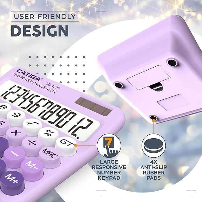 CATIGA Mechanical Switch Calculator with Solar and Battery Dual Power, 12-Digit Large LCD Display, Aesthetic and Cute Desktop Calculator with Big Button, for Home, School and Office Use, SD-1299