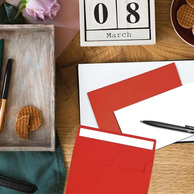 50 Pack A7 Red Envelopes - 5x7 Self-Sealing Envelopes for Invitations, Photos, Postcards, Greeting Cards & Mailings - Wedding Occasion