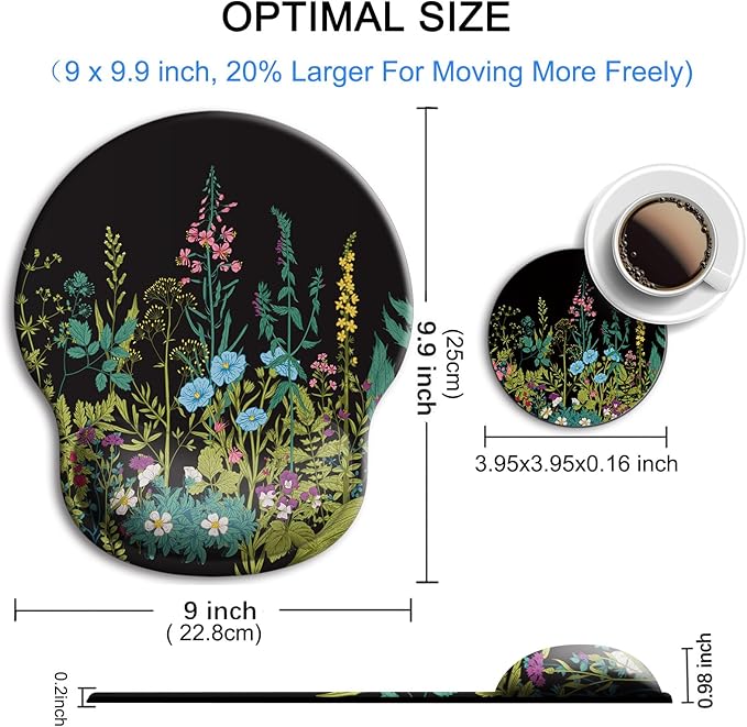 Ergonomic Mouse Pad with Wrist Support Rest,Large Mousepad Gel Wrist Rest, with Coaster Non-Slip & Pain Relief for Computer, Desk, Home&Office-Floral