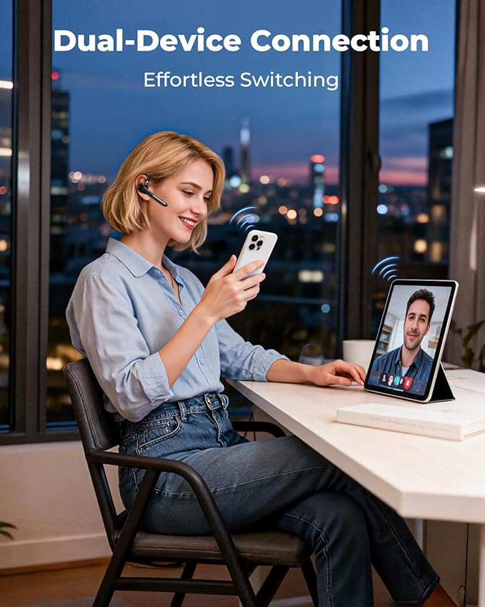 Bluetooth Headset V5.4, Bluetooth Earpiece with 500mAh Charging Case, 50H Talk Time Wireless Headset with Mic for Computer Cell Phones, Hands Free Noise Canceling Headphones for Work Trucker