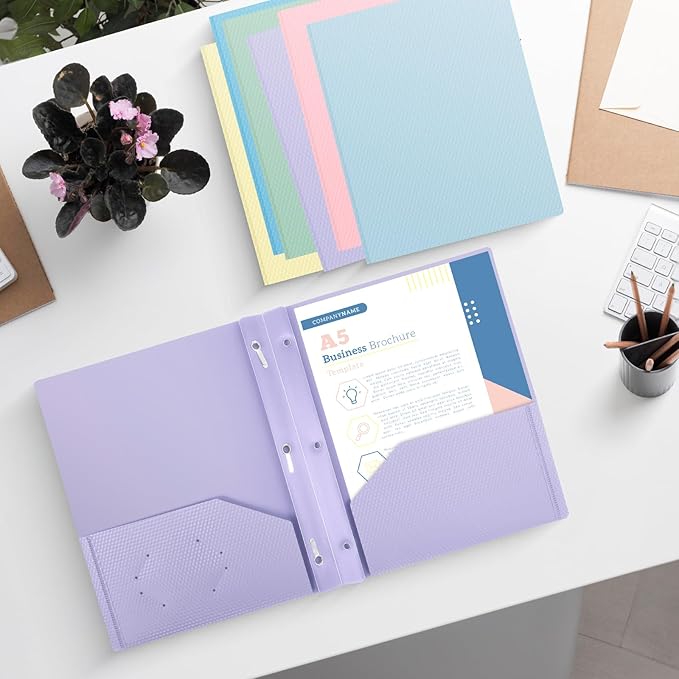 24-Pack Plastic andPockets and Prongs,2-Pocket and3 Fasteners, Pastel Folders Holds 8-1/2" x 11" Paper for School/Office/Home, Purple