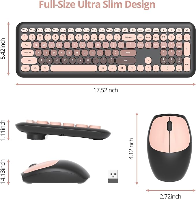 Surmen Cute Colorful Keyboard and Mouse Wireless Silent, Full-Size Retro Typewriter Wireless Quiet Black and Pink Keyboard Low-Noise 2.4GHz for Computer, Desktop, Laptop(6-Heimei)