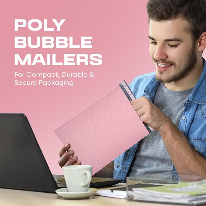 Light Pink Bubble Mailers 4x8, Poly Padded Envelopes #000, 1000 Pack | Fits Trading & Sports Cards, Self-Seal Closure, Cushioned Protection, Water-Resistant Poly, Bulk Pack