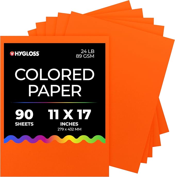 Hygloss Dark Orange Colored Paper - 24 lb, 89 gsm, Acid-Free, Fade-Resistant, 11x17-Inch Ledger Size Color Copy Paper, 90 Sheets