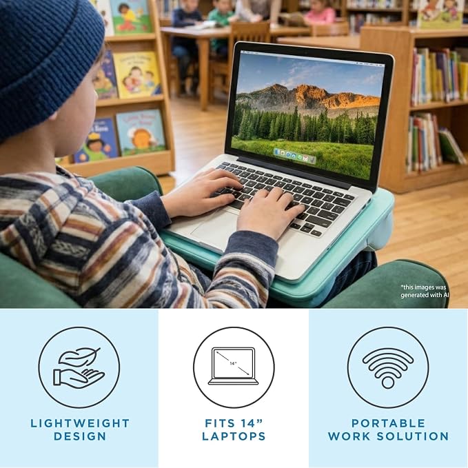 LAPGEAR Compact Lap Desk – Aqua Sky, Fits 14" Laptops | Microbead Cushion, Built-In Pencil Slot, Carry Handle, Fits Standard Letter-Size Paper (8.5" × 11")