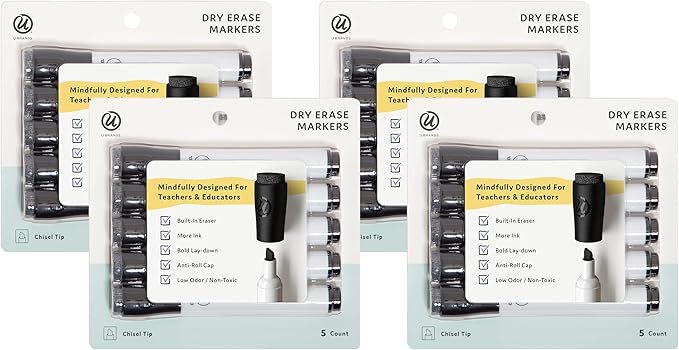 U Brands Low Odor Dry Erase Markers with Erasers, Chisel Tip, Black, 5 Count (Pack of 4)