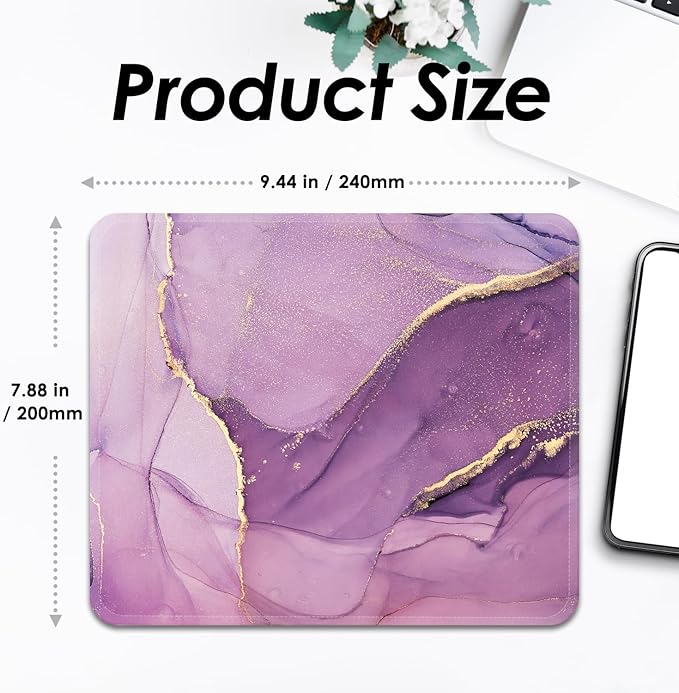 Mouse Pad with Stitched Edges - Elegant Marble Mousepad for Women, 9.25 x 7.75 inch Washable Square Desk Pad, Non-Slip Rubber Base, Office Home Laptop Accessories - Violet Marble