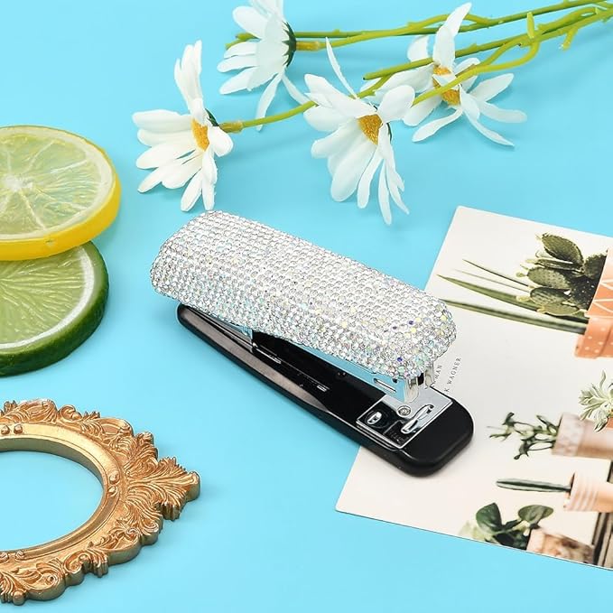 Bling Rhinestone Stapler, Sparkly Diamond Staplers, Cute Desk Stapler for Women & Girls, Bling Crystal Machine Pretty Office Stationery Kit (Clear with AB Color Plated, Large)