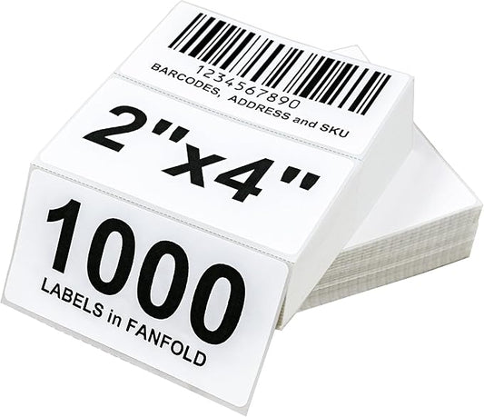 L LIKED 4" X 2" Fanfold Direct Thermal Labels - 1000 Total UPC and Shipping Labels Compatible with Zebra, Munbyn, and Rollo Thermal Printers