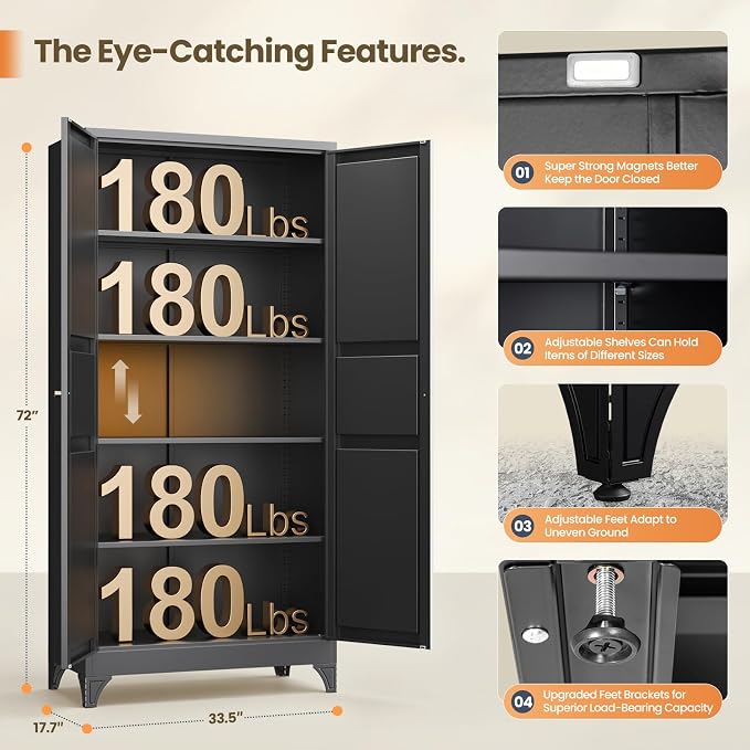 Metal Storage Cabinet with 2 Doors and 4 Adjustable Shelves,- 72" Black Kitchen Pantry Storage Cabinet for Kitchen,Living Room,Dining Room
