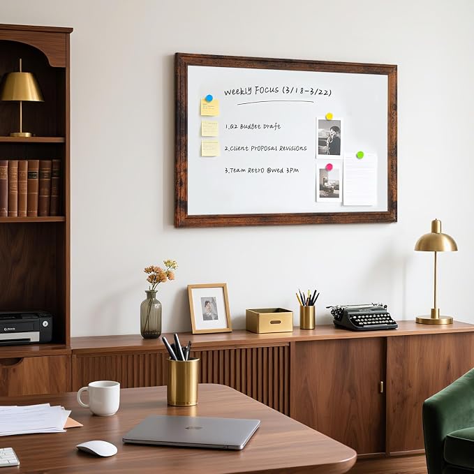 White Board for Wall, 36'' x 24'' Magnetic Dry Erase Board, Brown | Wooden Frame, Decorative Whiteboard, Wall Mounted, for Home, Office, Kitchen, Dorm, 4 Markers, 6 Magnets, A Eraser