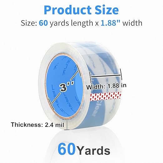 JARLINK No Noise Clear Quiet Packing Tape (12 Rolls), Heavy Duty Packaging Tape for Shipping Packaging Moving Sealing, 2.4mil Thick, 1.88 inches Wide, 60 Yards Per Roll, 720 Total Yards