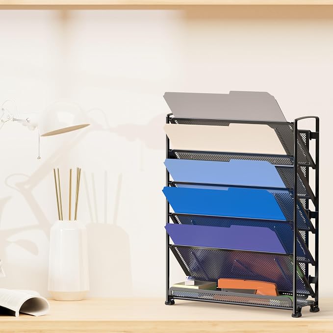 Simple Houseware 6-Tier Wall Mount Document Letter Tray Organizer, Black | 5 Tilted Trays + 1 Flat Bottom Tray, Wall Mount Hardware Included