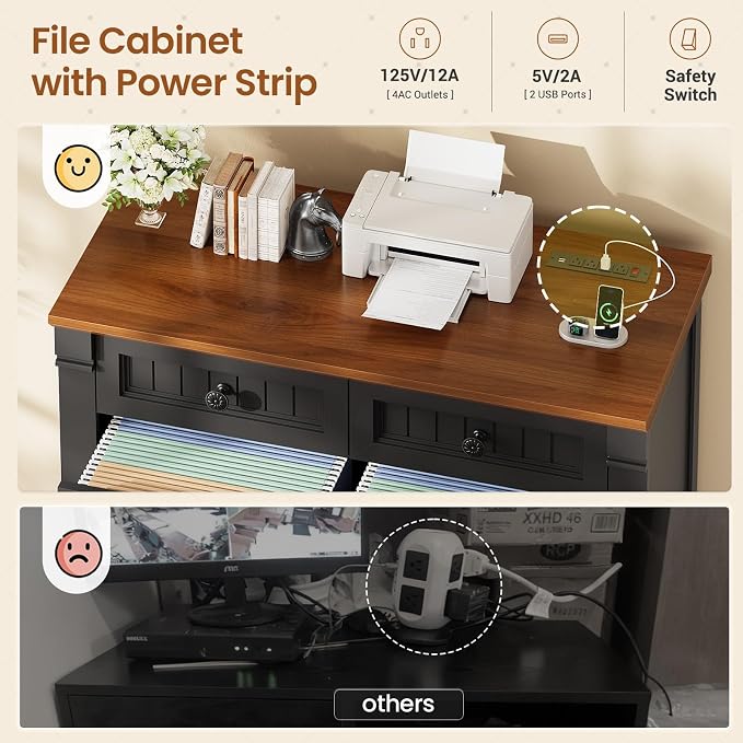 SEDETA 4 Drawers File Cabinet, 33" Farmhouse Filing Cabinets for Home Office fit Legal/Letter/A4 File, Wood Office File Cabinet with Power Outlets, Printer Stand with Storage, Black+Brown