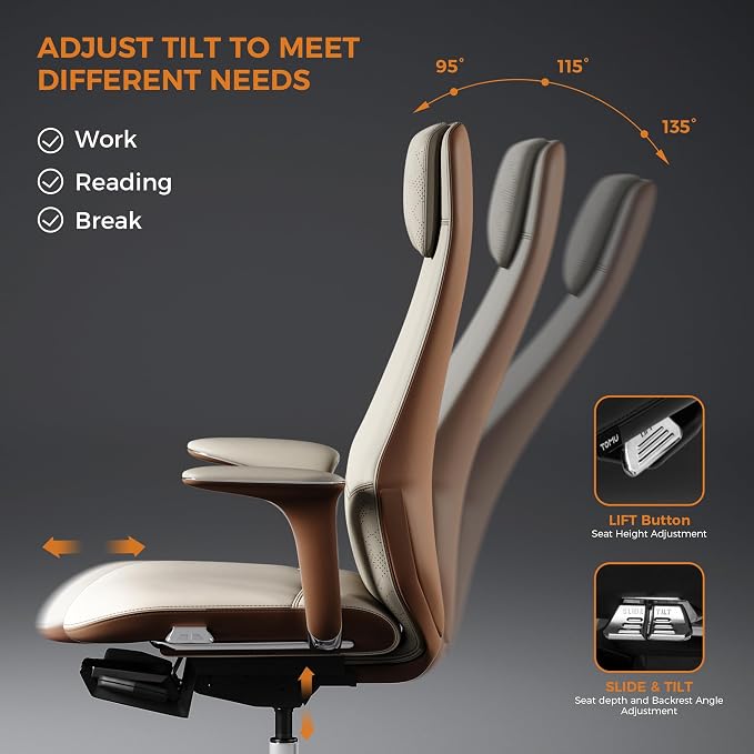 TOMU Executive Office Chair with Foot Rest, Top Grain Genuine Leather Office Chair, Ergonomic High Back Design. Real Leather, Wheels, Alumium Base. Padded Armrest, Luxury and Comfy (Beige)