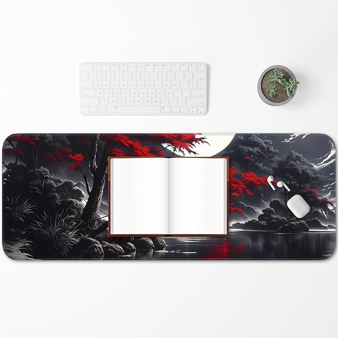 Japanese Dark Red Moon Gaming Mouse Pad, Extended Mouse Pad with Non-Slip Base, Full Keyboard Pad with Stitched Edges, Large Desk Pad for Gaming, Office, Home 31.5 x 11.8 Inch