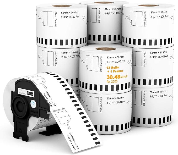 (12 Rolls + 1 Frame,30.48m Per Roll 3-Proof) Labelebal Dk 2-3/7" x 100' Direct Thermal Continuous Length Labels Replacement for DK-2205 Shipping Mailing Postage Compatible for Brother QL Printer