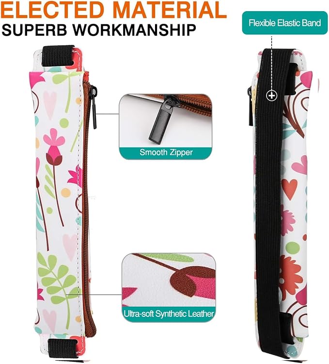 MoKo Elastic Pen Holder for Notebook, 2 Pack PU Leather Pouches | Zippered notebook pouch stores 3–4 pens and secures to hardcovers over 21 cm with an elastic strap; Print and Gold Pink.