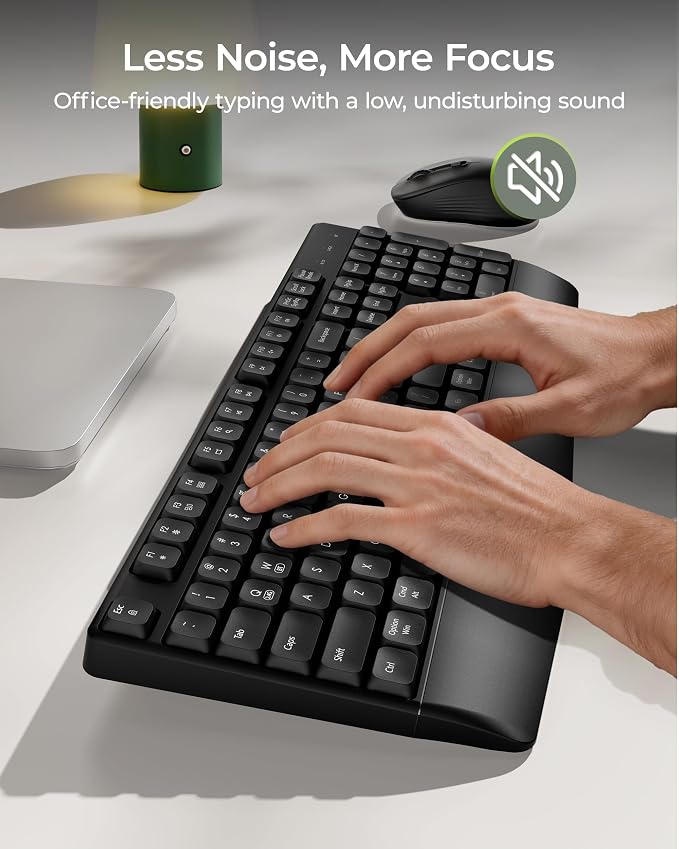 seenda COE200 Wireless Bluetooth Keyboard and Mouse Combo with Wrist Rest | USB/Bluetooth multi-device switching, quiet clicks, full-size ergonomic set for PC, laptop, Mac, and MacBook, Black