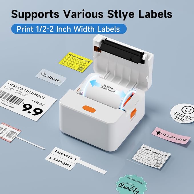 P1 Label Maker, 2 Inch Thermal Printer, Label Maker Waterproof Labels, Label Printer for Small Business, Home, Office, Logo, Address, Clothing, Organizing with 1 Roll Label, White