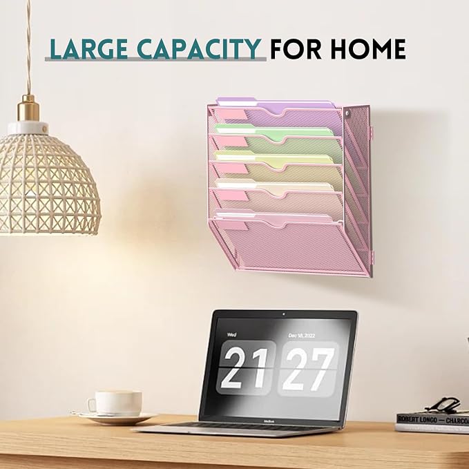 5 Tier Wall File Organizer, Hanging Wall Mounted Mail Organizer with Label Slots, Metal Mesh File Holder Magazine Rack for Office, Home, School, Pink