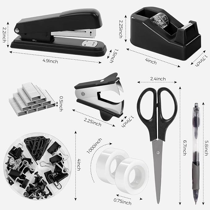 SKYDUE Black Office Supplies Set, Stapler and Tape Dispenser Set,10PCS | Black Desk Accessories with Stapler, Tape Dispenser, Scissors, Binder/Paper Clips and 1000pcs Staples, Desk Supplies Set