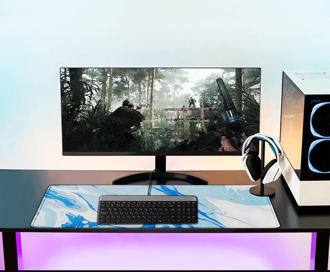 Extra Large Gaming Mouse Pad 31.5 x 11.8 in, Waterproof Mousepad with Stitched Edges, Premium Microfiber Cloth Surface, Non-Slip Base Keyboard Desk Mat for Home Office Gaming, Marble Blue White