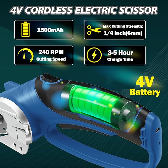 Cordless Electric Scissors, 4V Rechargeable Box Cutter & Cardboard Cutter with Titanium Blade, LED Light, Safety Lock - Rotary Cutter for Fabric, Leather, Carpet, Plastic, Crafting, Sewing(Slate Blue)