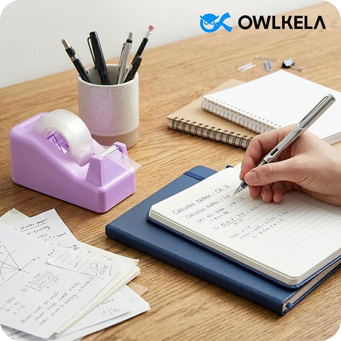 OWLKELA 1 Pcs Lightweight Desktop Tape Dispenser, Purple | Non-Skid Base, with 8Pcs Transparent Tape,Ideal for Office, Home, School