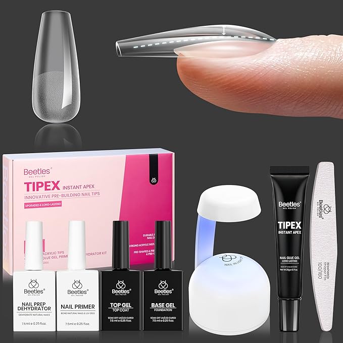 Beetles Tipex Instant Apex Nail Tips Kit with Dehydrator & Primer, Medium Coffin, 224PCS 16 Sizes, Reinforced Apex for Strong Long-Lasting Wear, 20g Solid Nail Glue, Mini UV Lamp, Base & Top Coat
